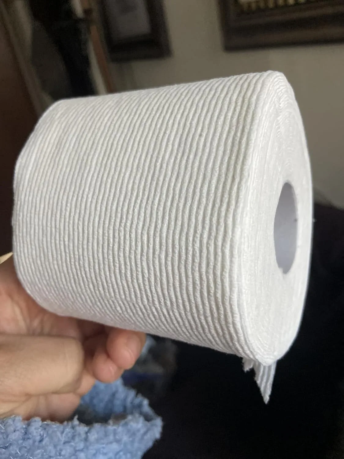 Customer photo of toilet paper roll showing thickness and ply structure